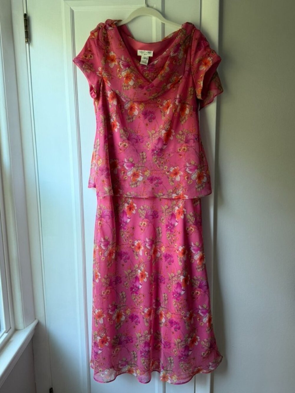 Vintage Lady Dorby Midi Dress Floral Short Sleeve Sheer Pink Layered Dress